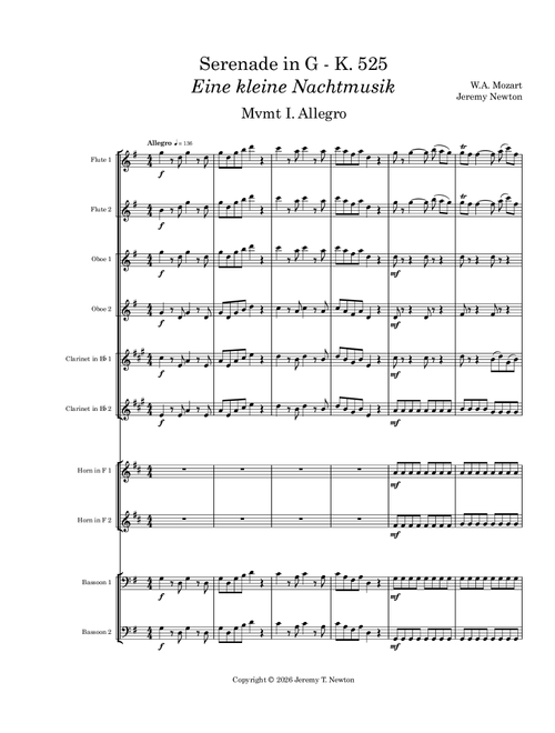Eine kleine Nachtmusik - First Movement (Arr. Jeremy Newton) - Wolfgang Amadeus Mozart (Woodwind Ensemble)