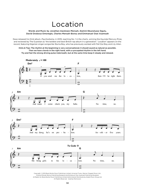 Location (feat. Burna Boy) - Dave (Really Easy Piano)