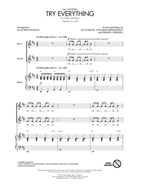 Try Everything (from Zootopia) (arr. Alan Billingsley) - Shakira (Choral, 2-Part)