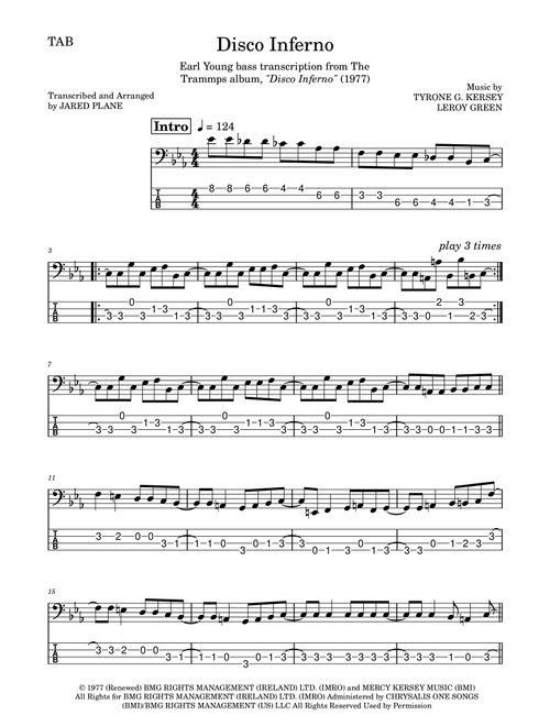 Disco Inferno (Arr. Jared Plane) - The Trammps (Bass Tab)