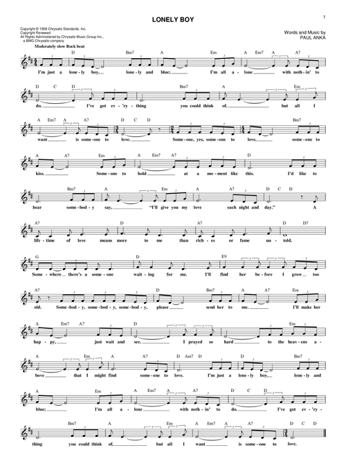 Lonely Boy - Paul Anka (Lead Sheet - Fake Book)