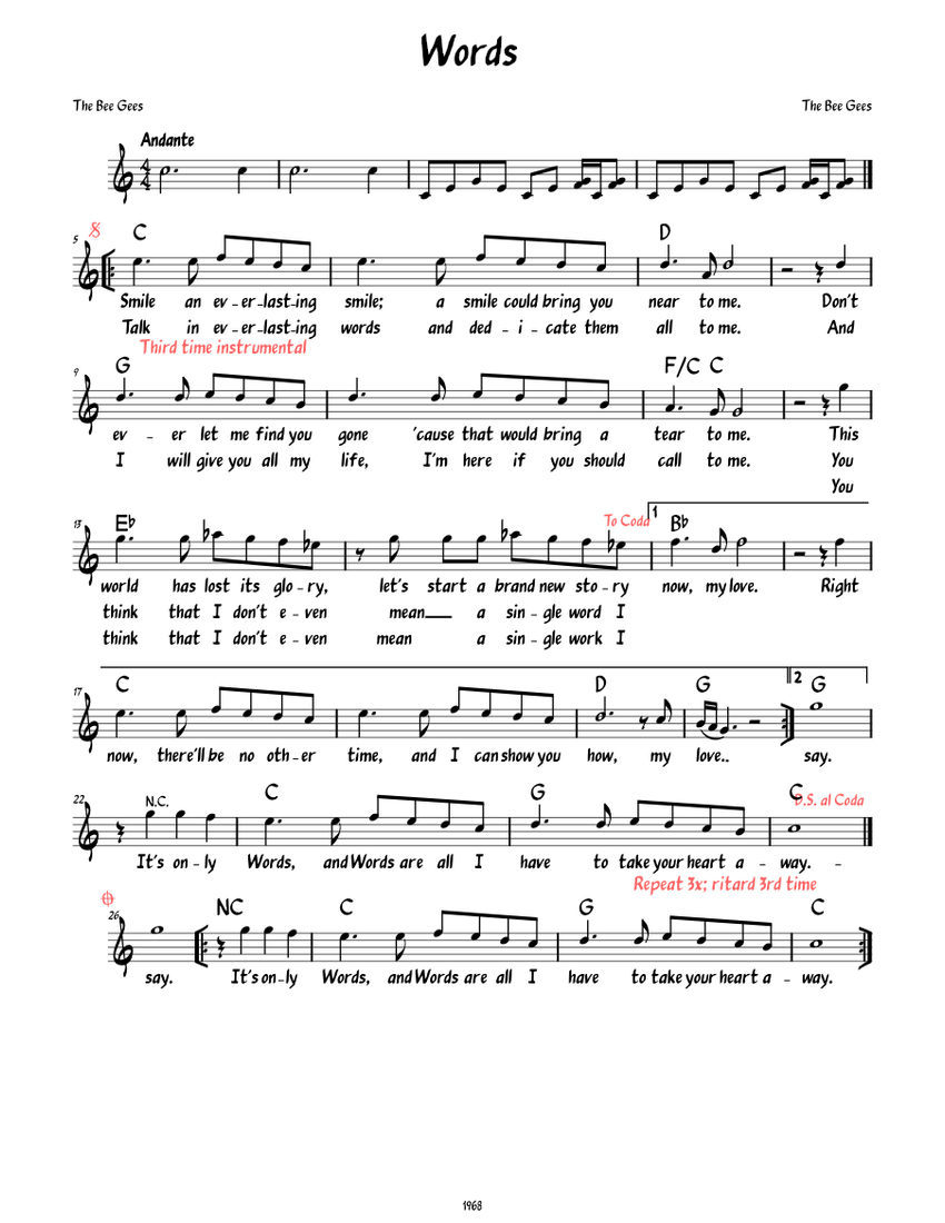 Words (The Bee Gees) (Lead sheet with lyrics ) Sheet Music with