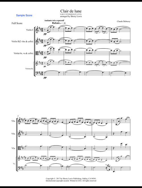 CLAIR DE LUNE String Trio Early Intermediate level for 2 violins and cello or violin, viola and cel (Arr. Sherry Lewis Publishing) - Claude Debussy (String Ensemble)