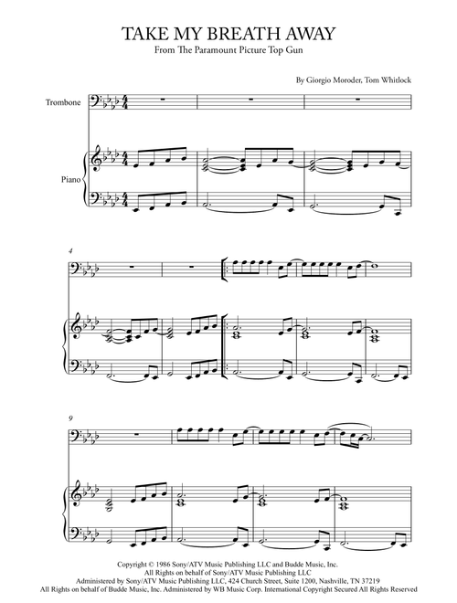 Take My Breath Away (love Theme) (Arr. Karen Gueiros) - Berlin (Trombone and Piano)