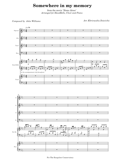 Somewhere in my memory – Arranged for Handbells, piano and choir
