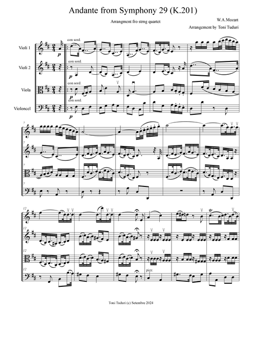 Andante from Symphony 29 K.201 for string quartet (Arr. Toni Tudurí) - WAMozart (String Quartet)