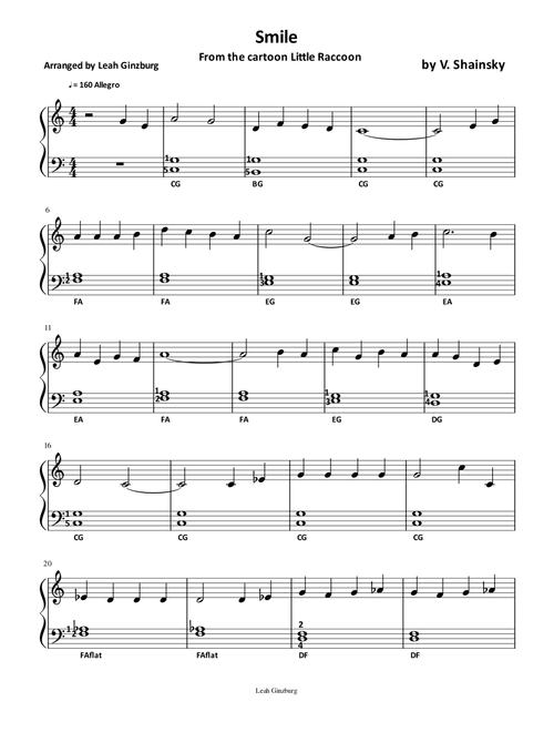Smile (from the cartoon Little Raccoon) (Arr. Leah Ginzburg) - V. Shainsky (Piano-Vocal-Guitar (Piano Accompaniment))