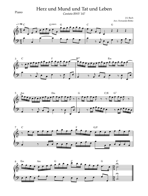 Cantata Herz und Mund und Tat und Leben (J.S. Bach BWV 147) for Piano Solo with Chords (Arr. Fernando Britto) - JS Bach (Piano Solo)