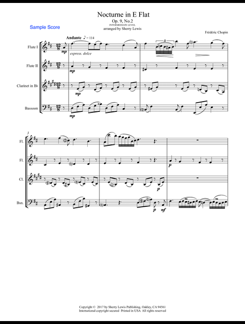 NOCTURNE by Chopin, Op.9 No.2, Woodwind Quartet, Intermediate Level for 2 flutes, clarinet and basso (Arr. Sherry Lewis Publishing) - F. Chopin (Woodwind Ensemble)