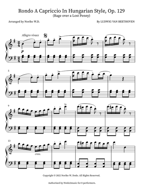 Rondo a capriccio in G(Rage over a lost penny) Op.129 (Arr. Noriko W.D.) - L.V. Beethoven (Easy Piano)