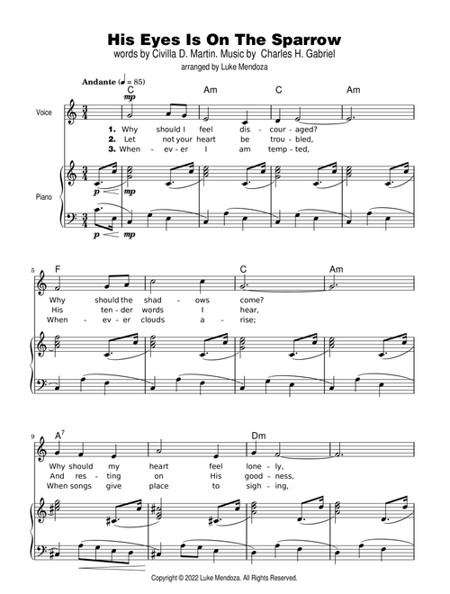 His Eyes Is On The Sparrow (Arr. Luke Mendoza) - Charles H. Gabriel (Piano-Vocal-Guitar (Piano Accompaniment))