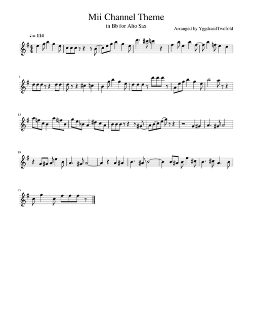 Mii Channel Theme in Bb for Alto Saxophone