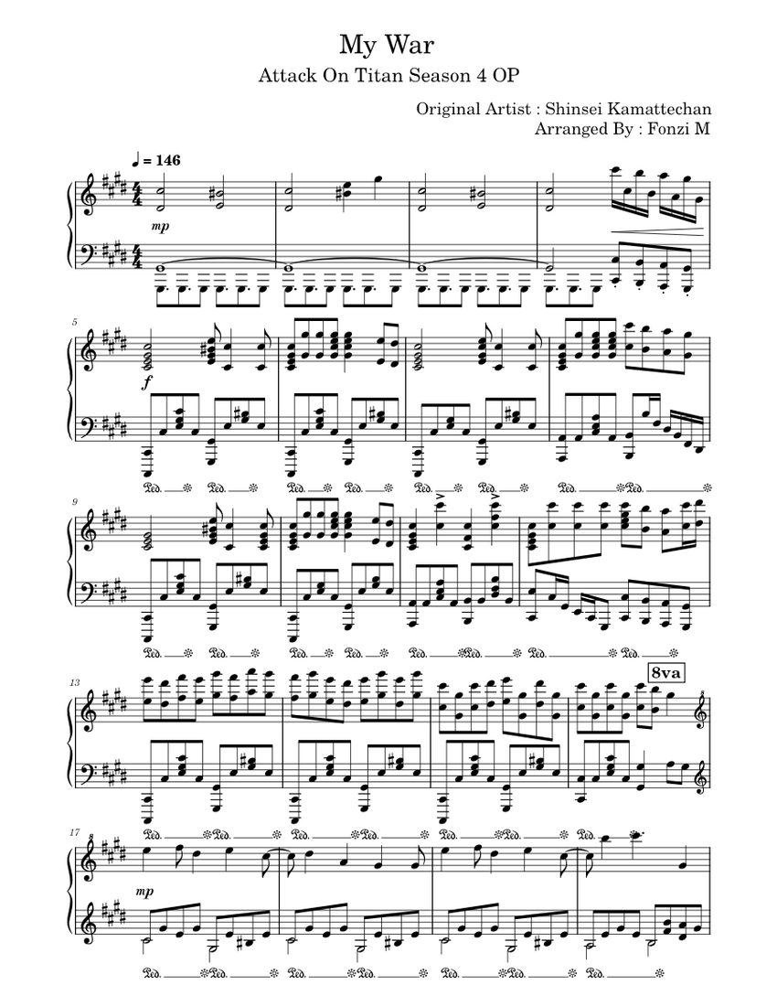 Fonzi M-My War -Attack on Titan season 4 OP Sheet Music for Piano