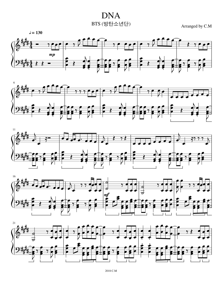 DNA- by BTS (방탄소년단) Sheet Music for Piano (Solo