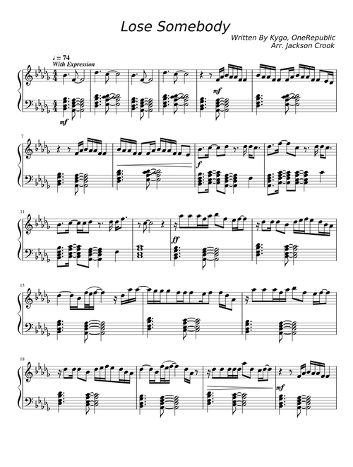 Lose Somebody By Kygo, OneRepublic | Piano Arr. By Jackson Crook