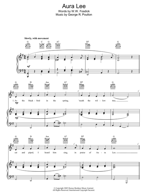 Aura Lee - George R Poulton, WW Fosdick (Piano-Vocal-Guitar (Piano Accompaniment))
