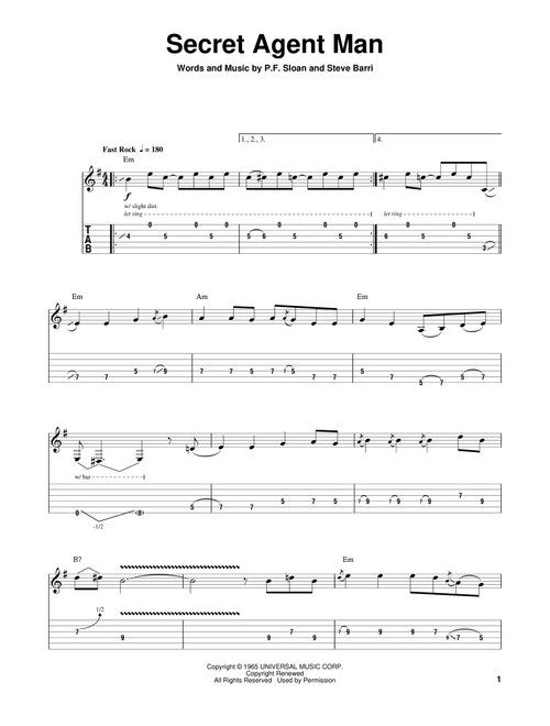 Secret Agent Man - The Ventures, Johnny Rivers (Guitar Tab Play-Along)