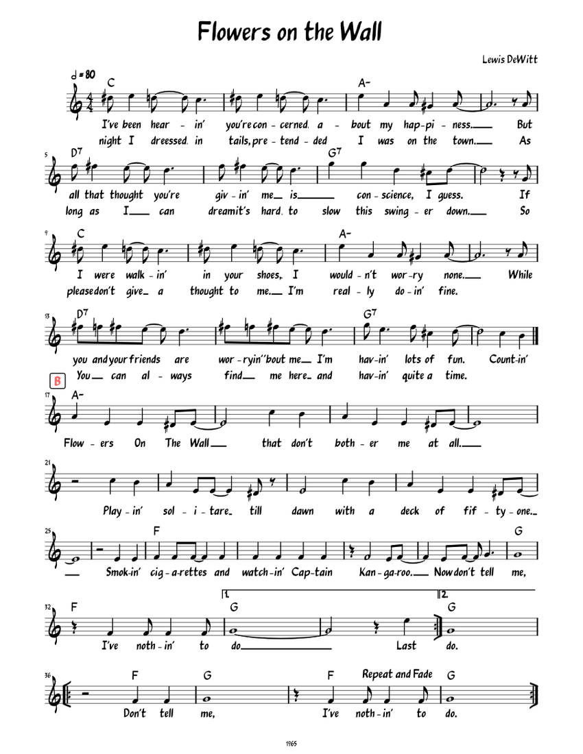 Flowers on the Wall (Lead sheet with lyrics ) Sheet music for Piano