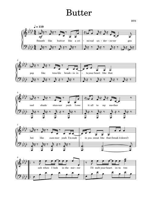 Butter (Arr. Traditional Piano) - BTS (Piano-Vocal-Guitar (Piano Accompaniment))