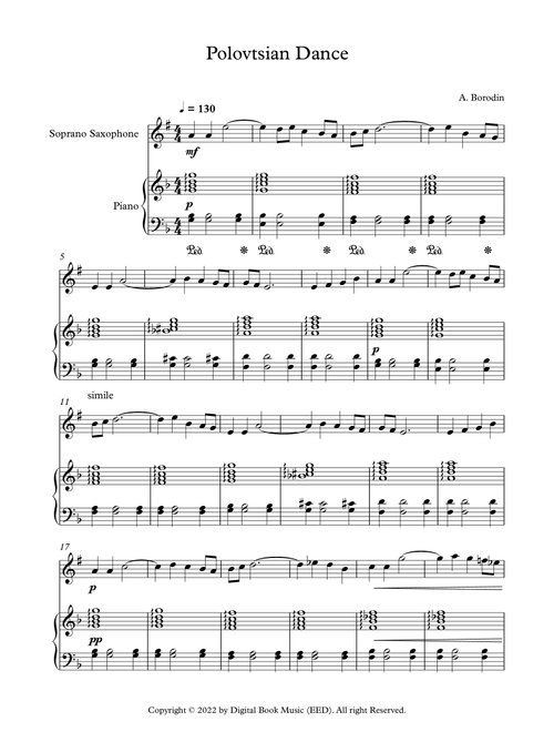 Polovtsian Dance - Alexander Borodin (Soprano Sax + Piano) (Arr. Digital Book Music) (Soprano Sax and Piano)
