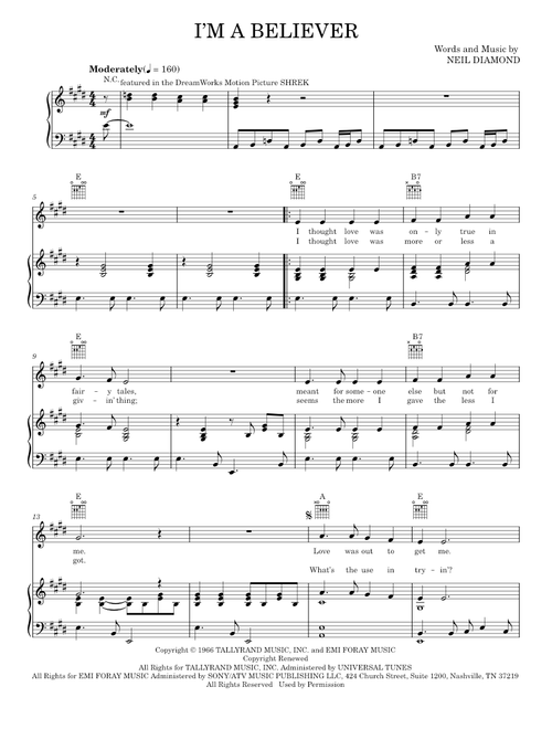 I'm A Believer - Neil Diamond, Smash Mouth, The Monkees (Piano-Vocal-Guitar)