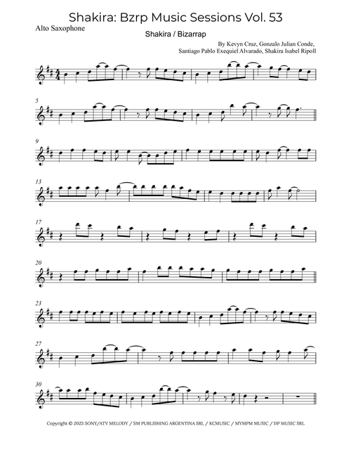 Shakira: Bzrp Music Sessions Vol. 53 (Arr. Alex Nunes Rodrigues) - Shakira / Bizarrap (Alto Sax Solo)