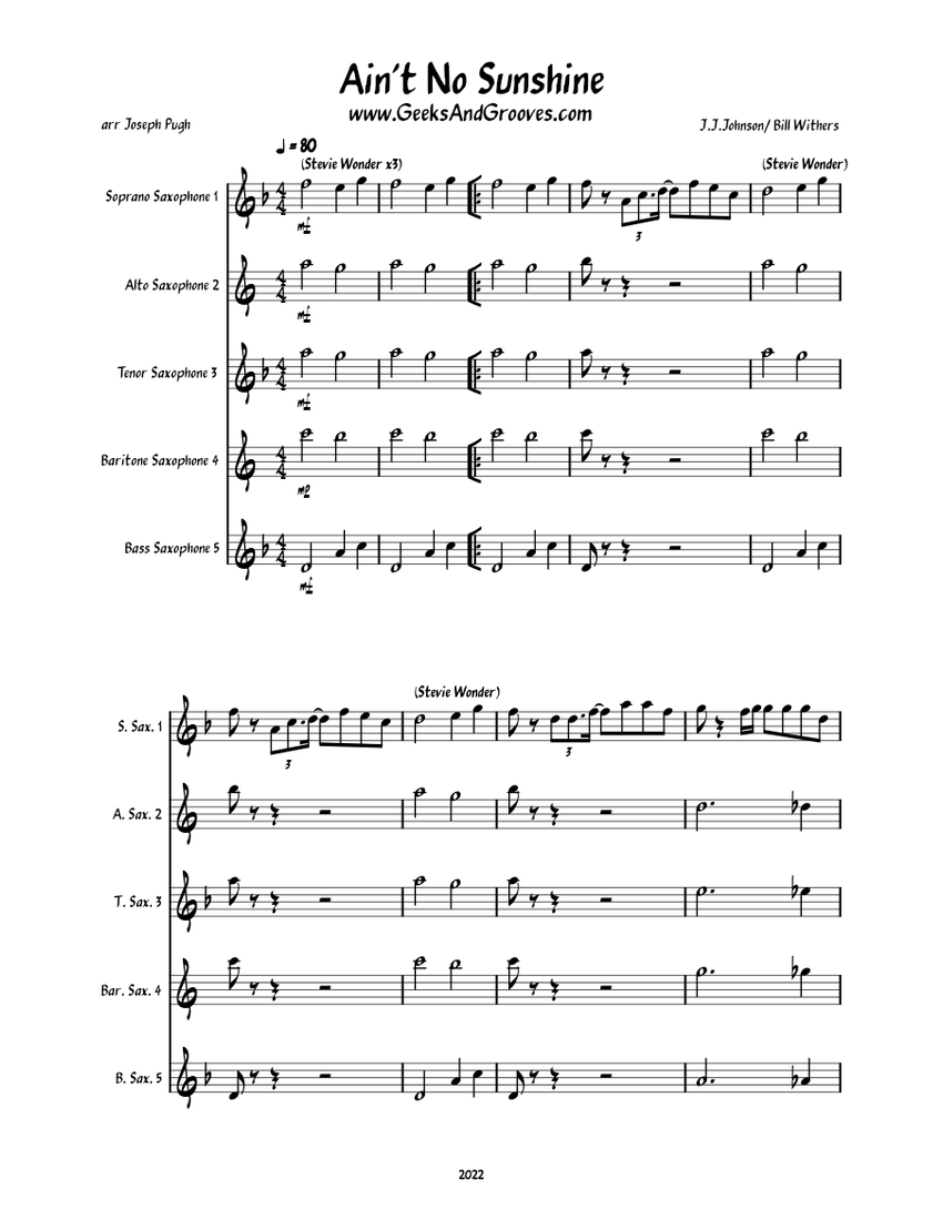 Ain't No Sunshine Bill Withers Sheet music for Saxophone alto, Saxophone tenor, Saxophone