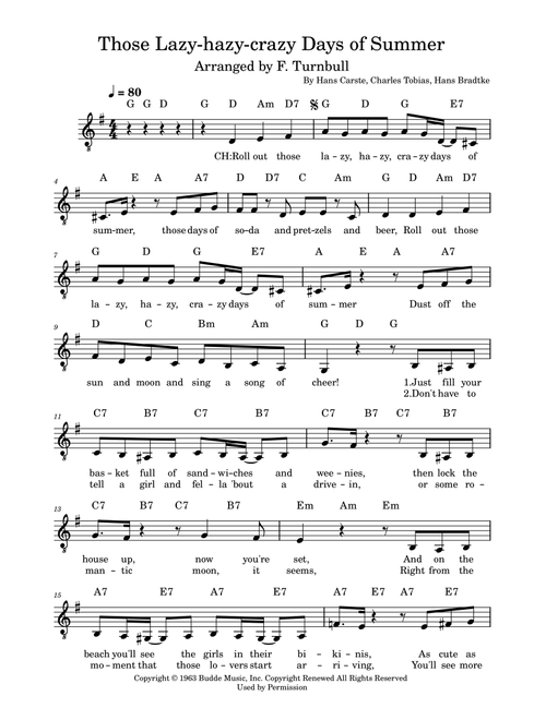 Those Lazy-hazy-crazy Days Of Summer (Arr. F. Turnbull) - Hans Bradtke, Charles Tobias, Hans Carste (Piano-Vocal-Guitar (Piano Accompaniment))