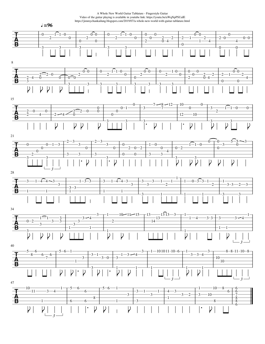 A Whole New World Guitar Tablature FIngerstyle Guitar Sheet music for Guitar Solo Musescore