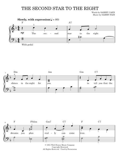 The Second Star To The Right - Sammy Cahn, Sammy Fain (Easy Piano)
