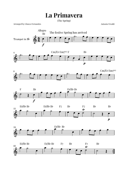 La Primavera (The Spring) by Vivaldi - Trumpet Solo with Chord Notations (Arr. Glauco Fernandes) - Antonio Vivaldi (Trumpet Solo)