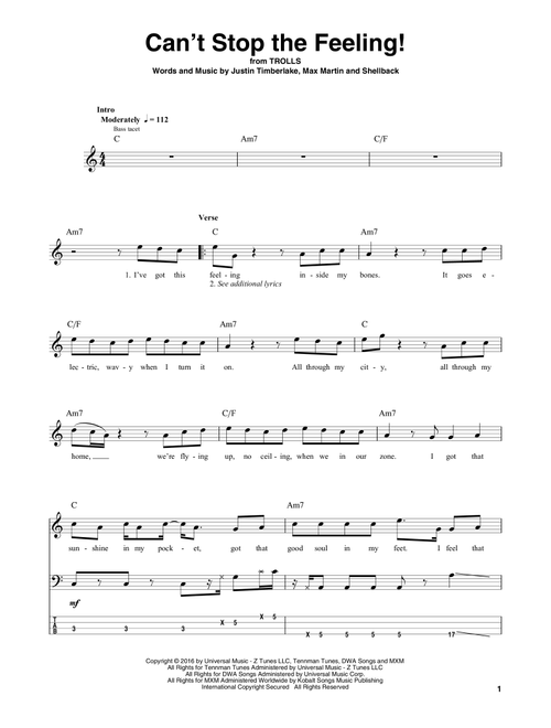 Can't Stop The Feeling! (from Trolls) - Justin Timberlake (Bass Tab)