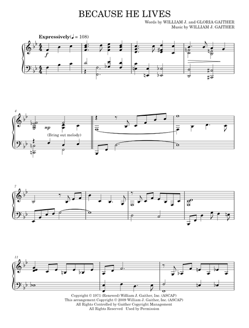 Because He Lives - Bill & Gloria Gaither, William J. Gaither (Piano Solo)