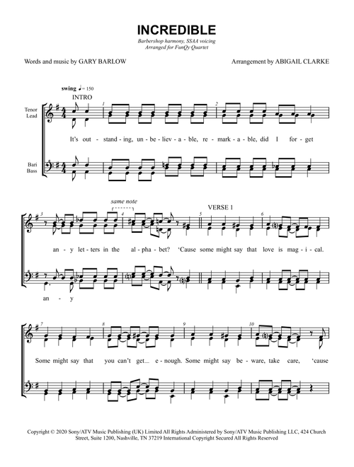 Incredible (Arr. Abigail Clarke) - Gary Barlow (Choral, SSAA)
