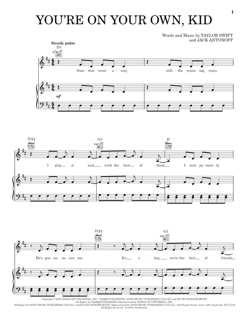 You're On Your Own, Kid - Taylor Swift (Piano-Vocal-Guitar)