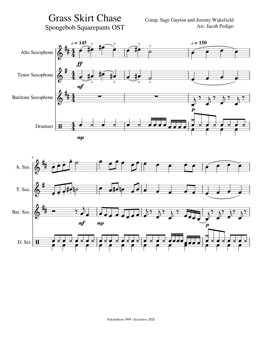 Grass Skirt Chase Spongebob Squarepants OST Sheet music for Saxophone alto Saxophone tenor Saxophone baritone Drum group Mixed Quartet Musescore