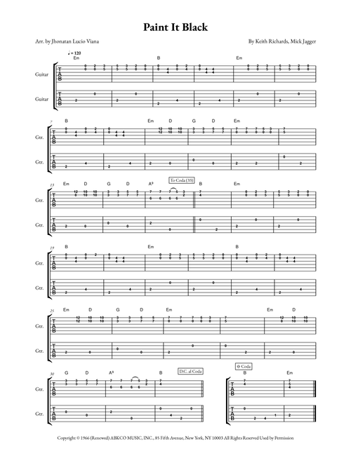 Paint It, Black (Arr. Jhonatan Lucio Viana) - Rolling Stones (Guitar Tab)