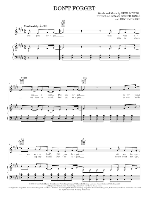 Don't Forget - Demi Lovato, Kristen Anderson-Lopez, Robert Lopez (Piano-Vocal-Guitar)