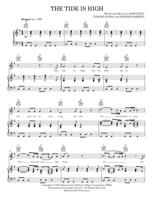 The Tide Is High - Atomic Kitten, Blondie (Piano-Vocal-Guitar)