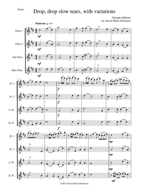 Drop, drop slow tears, with variations, for flute quartet (Arr. David Warin Solomons) - Orlando Gibbons (Woodwind Ensemble)