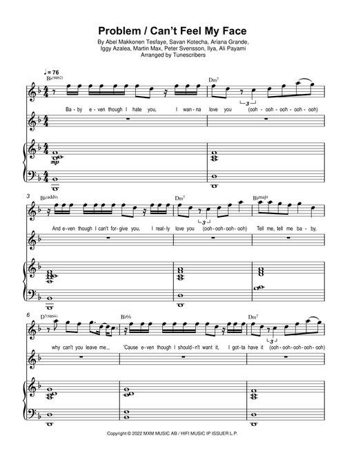 Problem / Can’t Feel My Face (Arr. Tunescribers) - Abel Makkonen Tesfaye, Savan Kotecha, Peter Svensson (Piano Vocal)