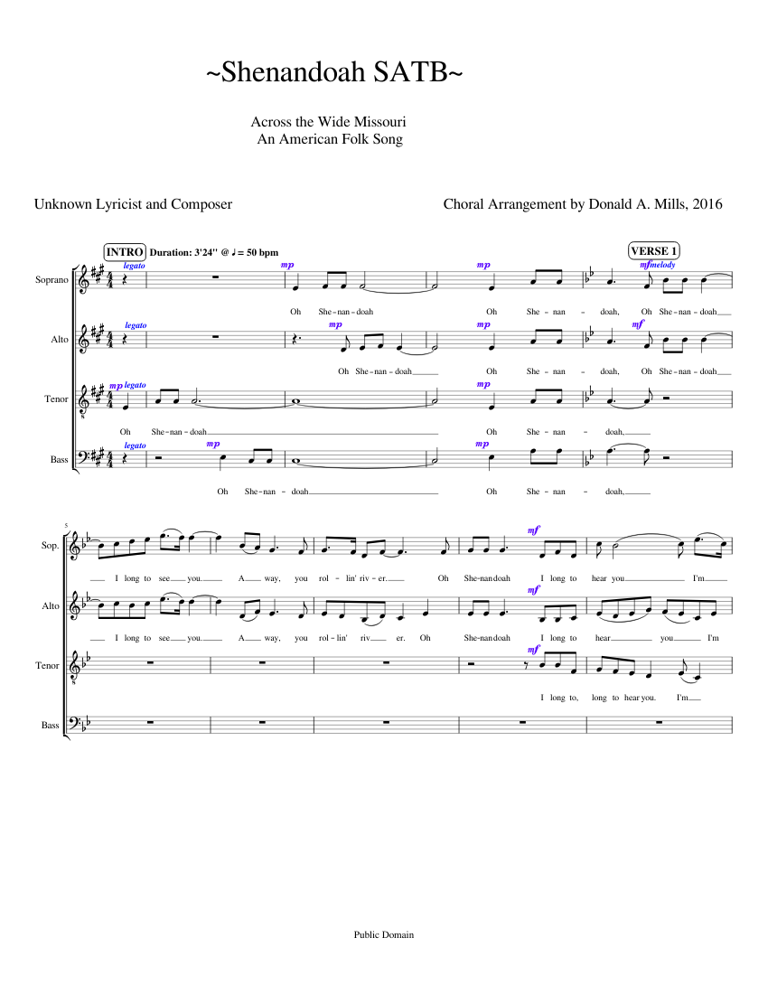Shenandoah SATB Sheet Music for Soprano, Alto, Tenor, Bass voice (SATB ...