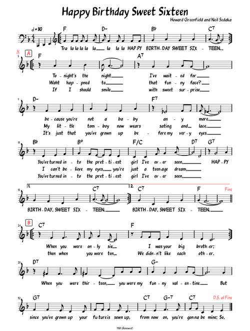 Happy Birthday Sweet Sixteen (Lead sheet with lyrics )