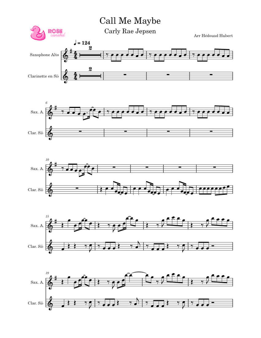 Call me maybe sheet music for clarinet in b flat saxophone alto