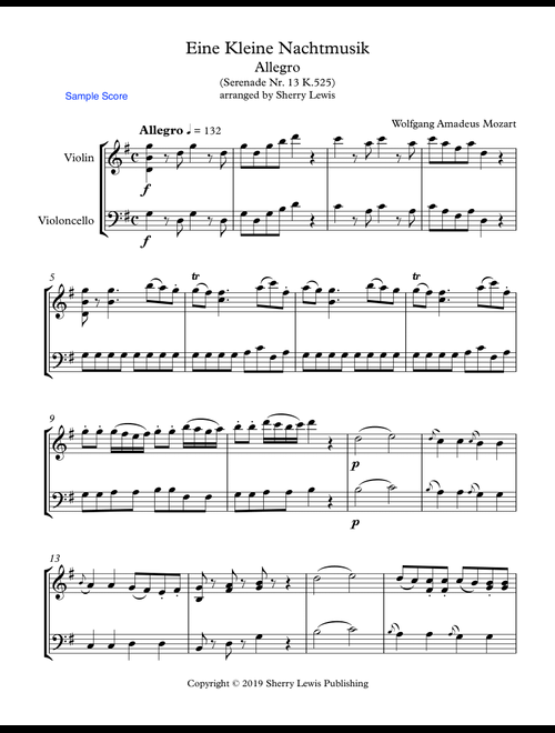 EINE KLEINE NACHTMUSIK - ALLEGRO (1st Mov.) - String Duo - Intermediate Level for violin and cello (Arr. Sherry Lewis) - Wolfgang Amadeus Mozart (Instrumental Duet)