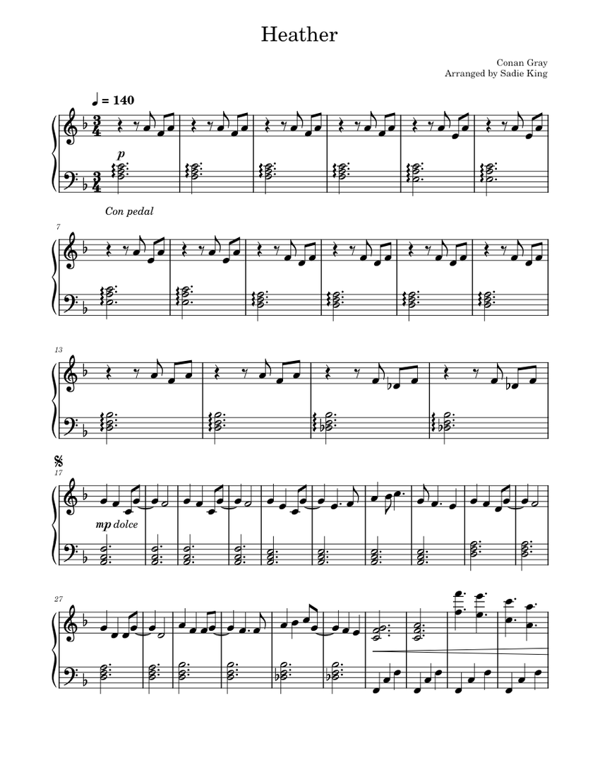 Heather - Conan Gray - Easy Piano Sheet Music for Piano (Solo ...