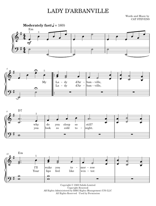 LADY D'ARBANVILLE - Cat Stevens (Easy Piano)