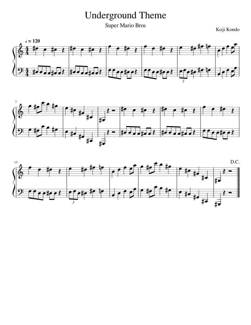 Super Mario Bros Underground Theme Sheet Music for Piano (Solo) easy ...