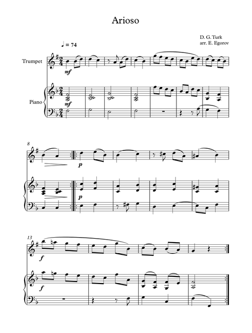 Arioso, Daniel Gottlob Turk, For Trumpet & Piano (Arr. Eugene Egorov) (Trumpet and Piano)