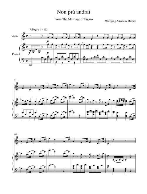 Wolfgang Amadeus Mozart - Non più andrai - The Marriage of Figaro (Violin Solo) (Arr. André Laitano) (Violin and Piano)